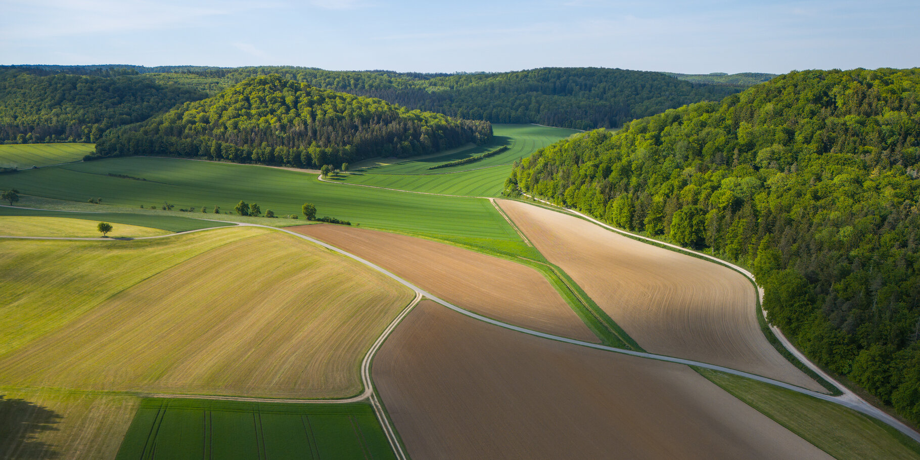 Wälder und Hügel, bunte Feldstruktur in Deutschland